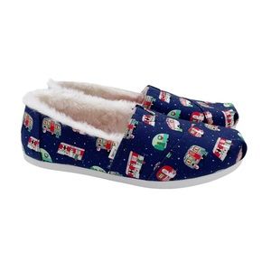 NEW Toms Navy Blue Paper Source Holiday Campers Print Size 9 Faux Fur Lining